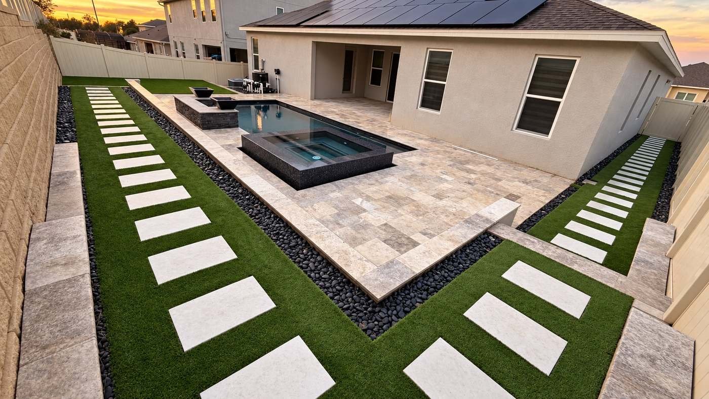 Backyard synthetic grass and spa installed by Cavisa Solutions