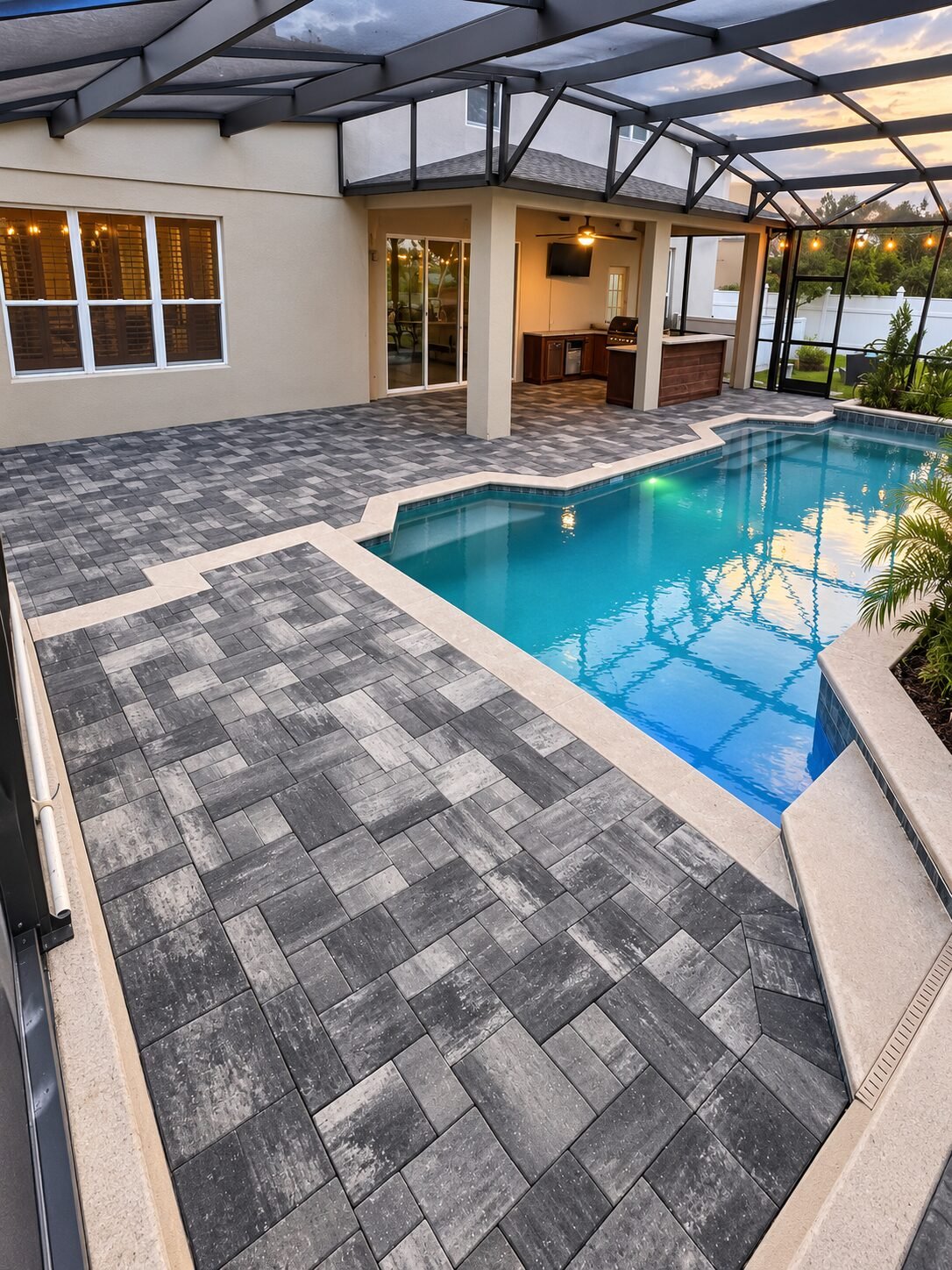 Outdoor kitchen and charcoal paver pool deck by Cavisa Solutions