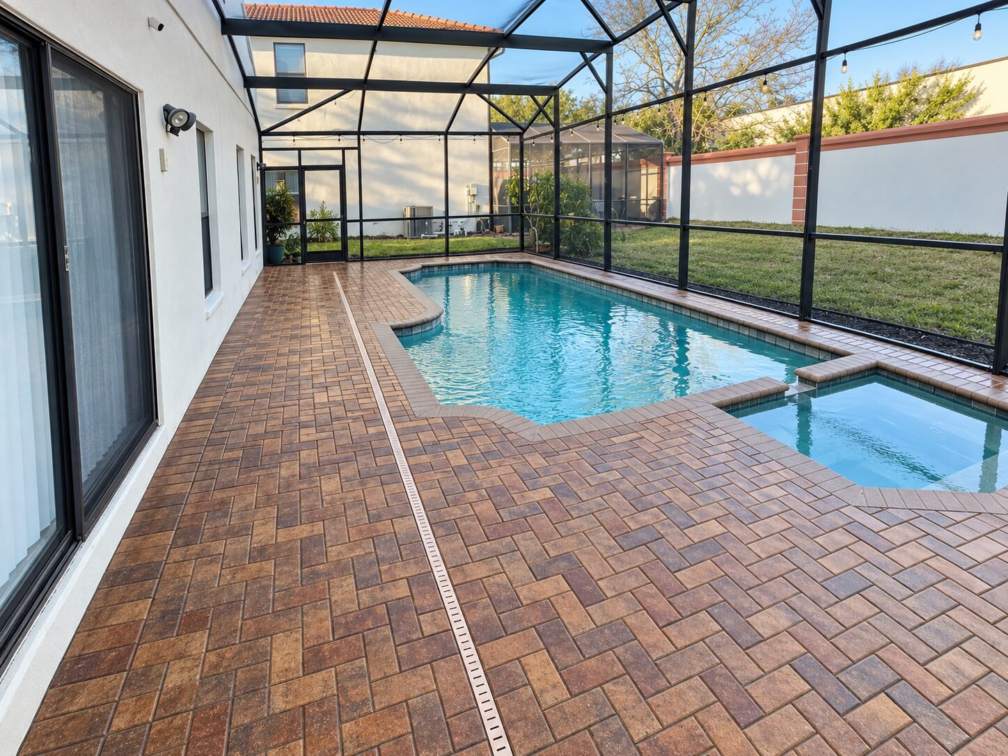 Pool deck with herringbone pavers by Cavisa Solutions